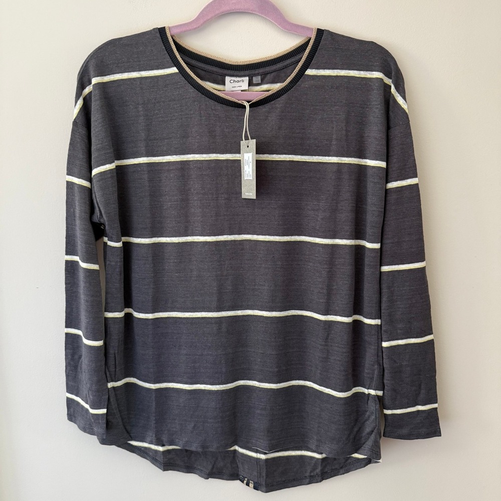 Charli‎ Amber Carbon Stripe 100% Linen Long Sleeve Top Grey Gold Trim JETP2215 M
